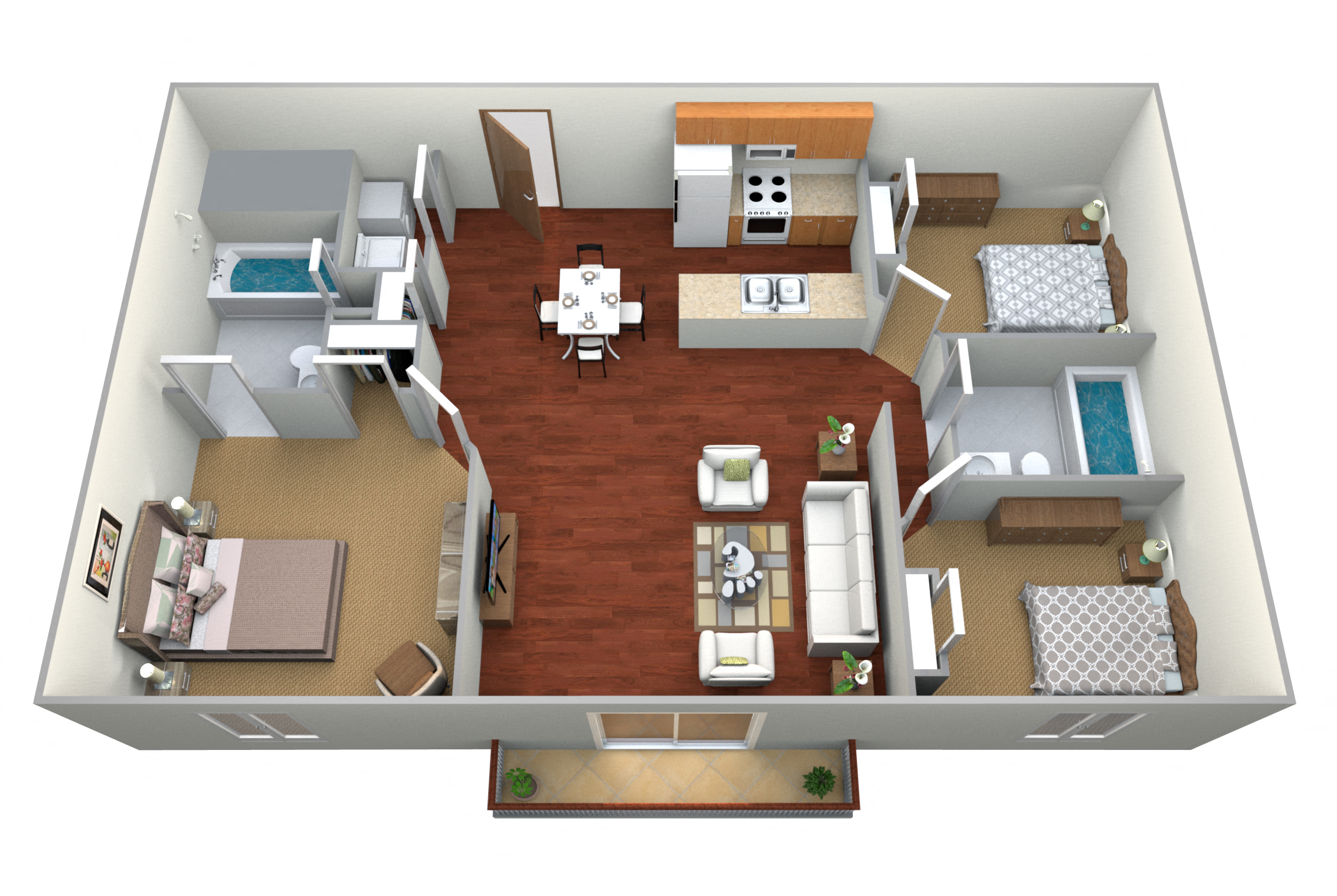 Floor plan for 3 beds, 2 baths, 970 sqft